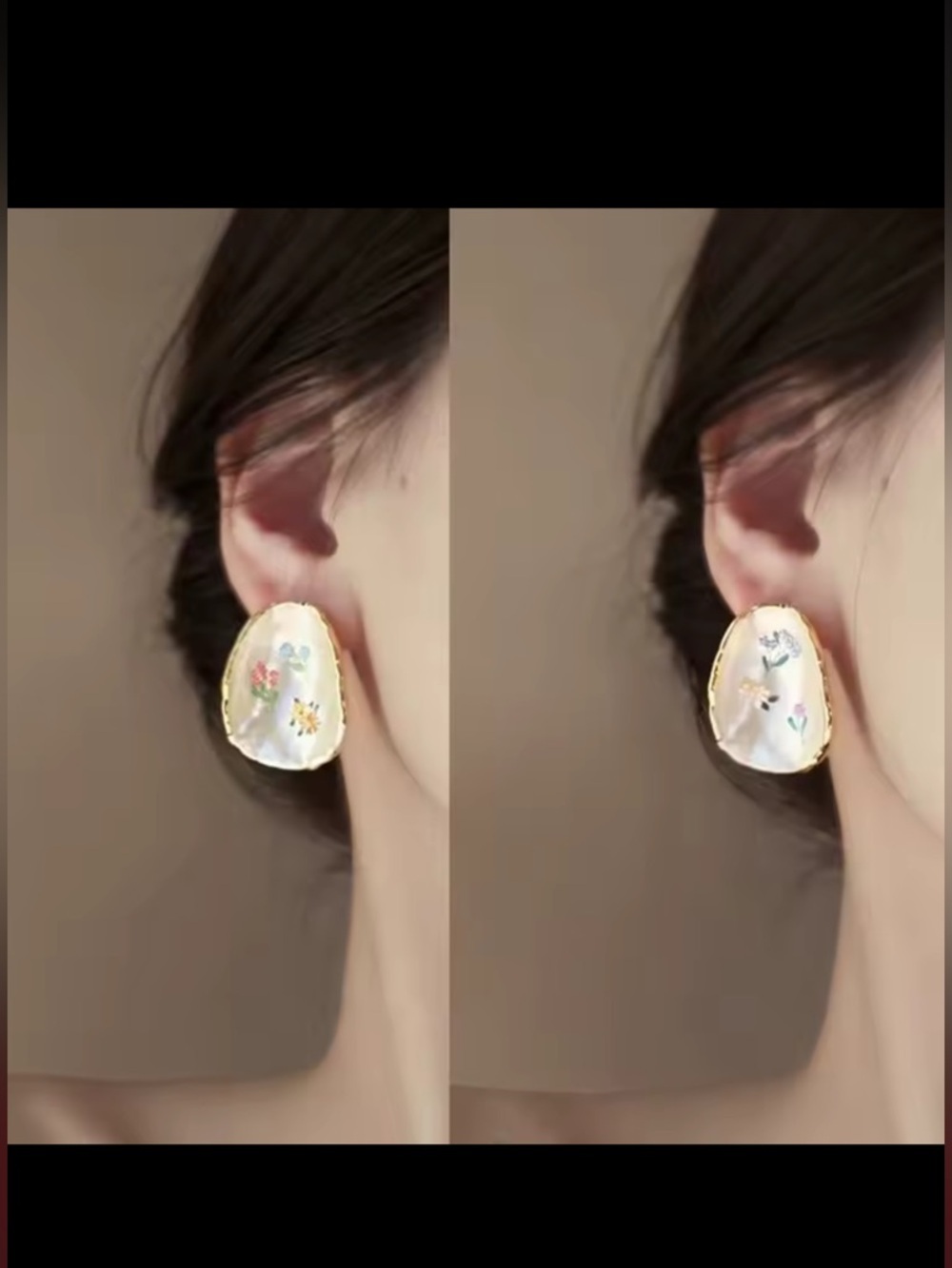 Hand-Painted Floral Mother-of-Pearl Gold Edge Earrings - Picture 7 of 10